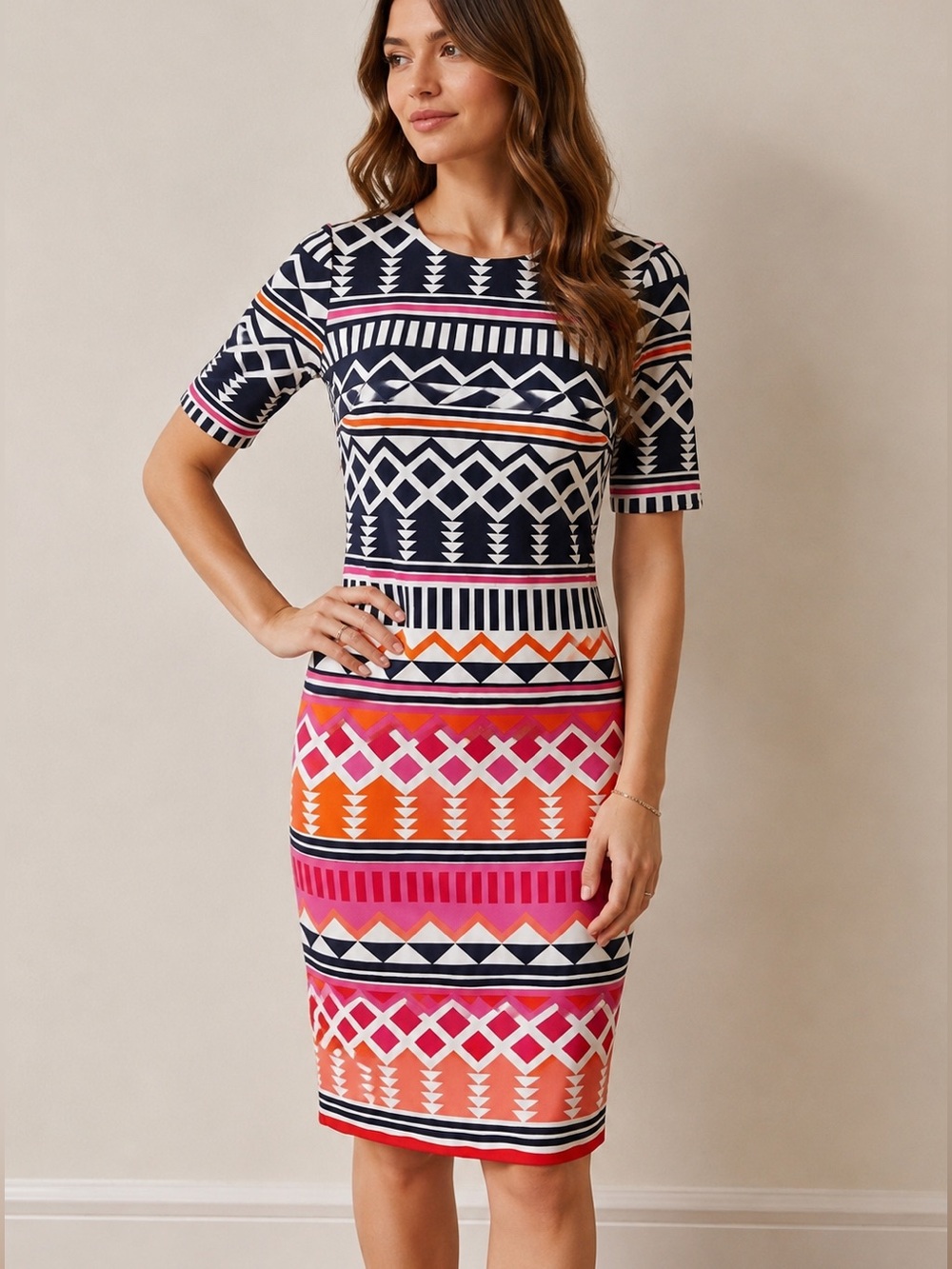 Eliza J Geometric Scuba Sheath Dress Black Pink Orange Career Cocktail | 2